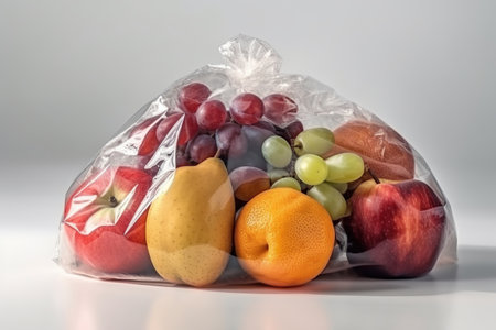 Fruits and vegetables in a plastic bags on white background, different fresh products, single use plastic waste issue, groceries shopping concept, Ai generative.の素材
