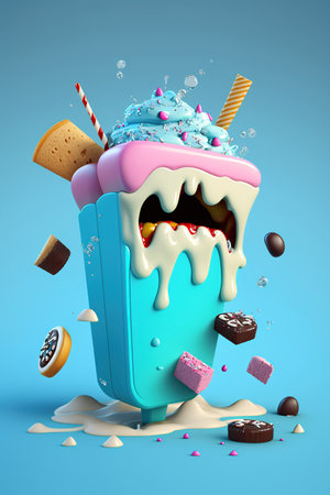 Levitation cartoon smiling, crazy unhealthy and junk food splash, Assortment take out and fast foods selection characters on blue background, AI Generative.の素材