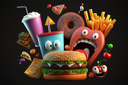 Levitation cartoon smiling, crazy unhealthy and junk food splash, Assortment take out and fast foods selection characters on black background, AI Generative.の素材