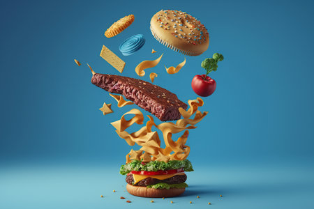 Levitation unhealthy and junk food splash, Assortment of take out and fast foods on blue background, carbohydrates food, high-fat, high-calorie, guilty pleasure, AI Generative.の素材