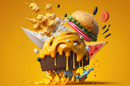 Levitation unhealthy and junk food splash, Assortment of take out and fast foods on yellow background, carbohydrates food, high-fat, high-calorie, guilty pleasure, AI Generative.の素材