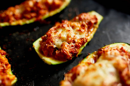 Homemade stuffed zucchini on black background,  baked loaded zucchini boats,  Top viewの写真素材