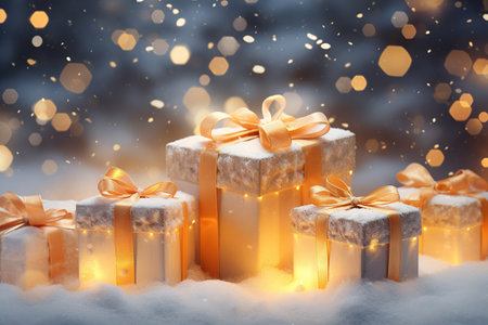 Illuminated christmas gift boxes on winter snow, outdoor background, Merry Christmas and Happy New Yearの素材