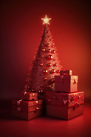 Illuminated decorated red christmas tree with gift boxes on red background, Merry Christmas and Happy New Yearの素材