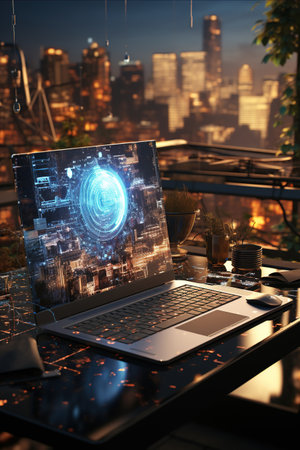 Laptop and social media technology with interface, the cloud computing concept and related hardware, Ai generativeの素材