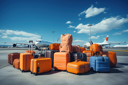 Luggage, suitcases  in an airport at terminal hall with plane background, travel,vacation booking concept, AI Generative.の素材
