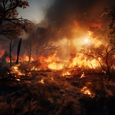 A  wildfire forest bushfire wildland fire or rural, large flames, AI generativeの素材