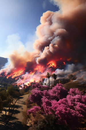 A  wildfire forest bushfire wildland fire or rural, large flames, AI generativeの素材