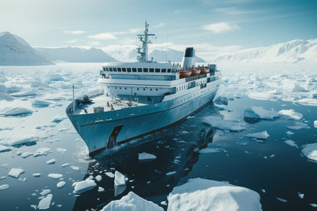 Expeditions in the Antarctic, Big cruise ship in the Antarctic waters, AI Generative.の素材