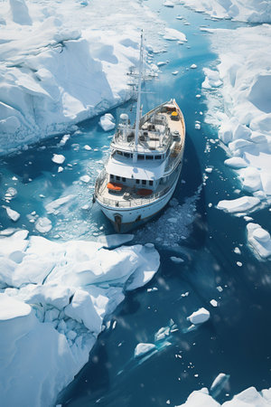 Expeditions in the Antarctic, Big cruise ship in the Antarctic waters, AI Generative.の素材