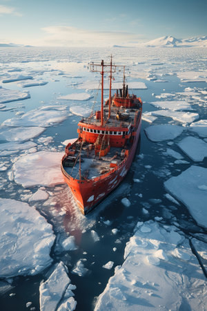 Expeditions in the Antarctic, Big cruise ship in the Antarctic waters, AI Generative.の素材