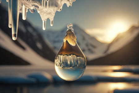 A water droplet on melting glacier puddle with icicles in the North Pole, Melted glacier reflecting the fragile state of the Arctic due to climate change, Global warming. AI Generativeの素材