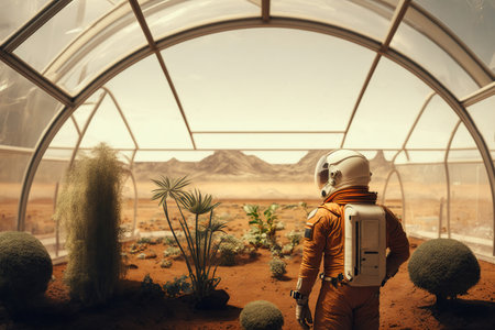 Astronaut growing plant in greenhouse on Mars, futuristic fantasy image, colonization of Mars red planet, new life, Agriculture AI Generativeの素材