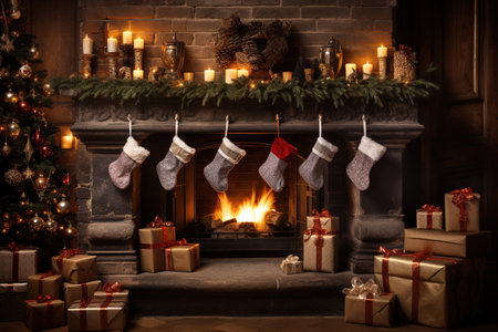 Christmas stockings beside a fireplace in front of gifts, happy time in the house christmasの素材