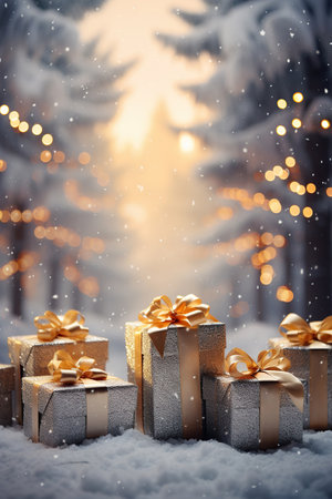 Illuminated christmas gift boxes on winter snow, outdoor background, Merry Christmas and Happy New Yearの素材