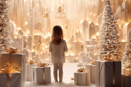 Children turned back standing in a illuminated monocolored  white christmas decorated room with Christmas tree and gifts, presents boxes, Ai generative.の素材