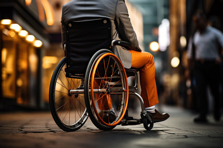 Young handicapped man in wheelchair in the street evening,  enjoying a walk outdoors, Ai generative.の素材