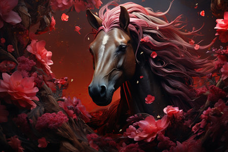Brown horse portrait in spring pink magenta blossom tree, AI Generative.の素材