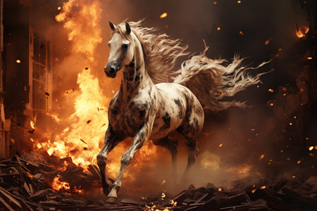 The horse  galloping on fire background, Fiery stallion, AI Generative.の素材