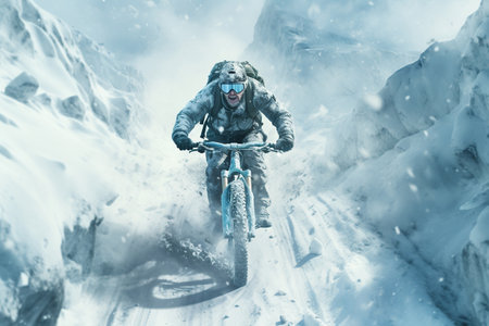 Man riding a bike in the snow, winter races sports, extreme adventure, outdoor activity. AI Generative.の素材