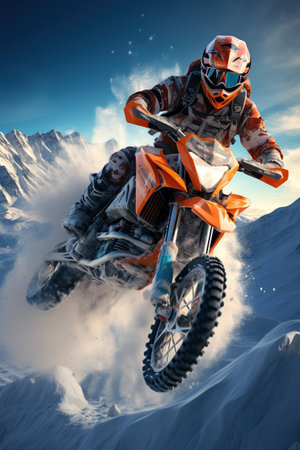 Man riding a motorbike in the snow, winter races sports, extreme adventure, outdoor activity. AI Generative.の素材