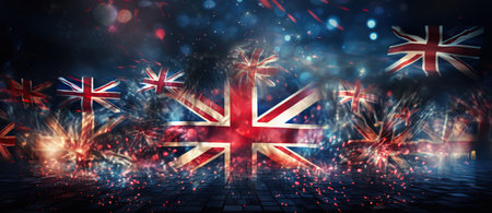 Great Britain Union flag background with festival fireworks, Independence Day, Victory Day, Happy New year.の素材