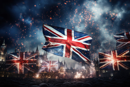 Great Britain Union flag background with festival fireworks, Independence Day, Victory Day, Happy New year.の素材
