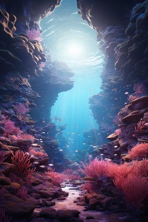 Beautiful underwater world, coral reef and fishes with sun rays, AI Generative.の素材