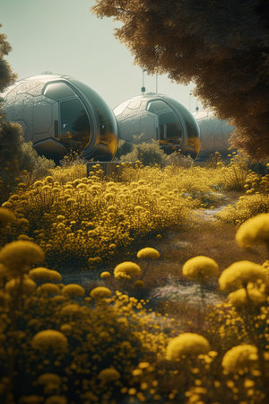 Beautiful alien futuristic nature flowers yellow world,  concept of human settlement, Space expansion, space colonization, AI Generativeの素材