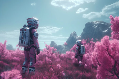 Space expansion concept of human settlement in alien nature flowers world, space colonization,  Astronaut found a plants, AI Generativeの素材