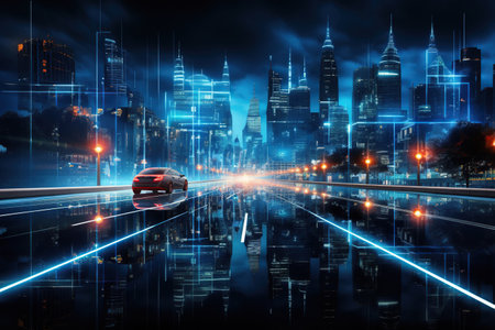 Future automobile getting electricity from renewable power, the smart city concept of cars driving on a futuristic, AI Generative.の素材