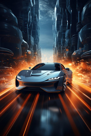 Future automobile getting electricity from renewable power, the smart city concept of cars driving on a futuristic, AI Generative.の素材