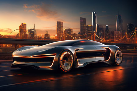 Future automobile getting electricity from renewable power, the smart city concept of cars driving on a futuristic, AI Generative.の素材