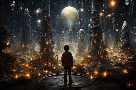 Child turned backs, looking on decorative Christmas trees streets, presents outdoor, fantasy magical world, Happy New year and Merry Christmas, AI Generative.の素材