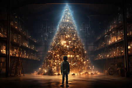 Child turned backs, looking on decorative Christmas trees streets, presents outdoor, fantasy magical world, Happy New year and Merry Christmas, AI Generative.の素材