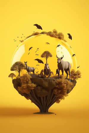 Animals in a glass ballon yellow background, protection wildlife,  World Wild life Day , Ai Generative.の素材