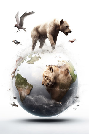 Planet earth with animals on white background, World Wild life Day , Ai Generative.の素材