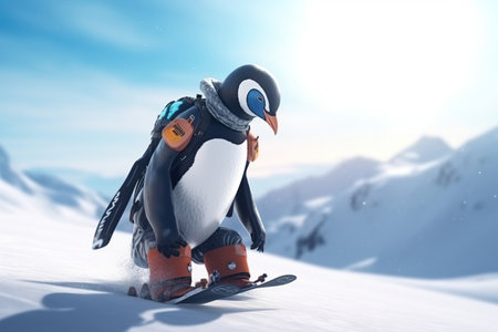 Penguin in a helmet and a mask on a snowboard, Winter sport, Activity in winter, AI Generativeの素材