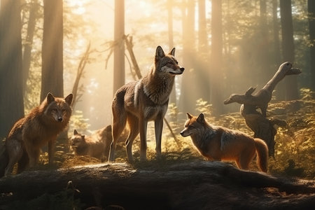 Wild animals in the forest on a sunny day, Ai generativeの素材