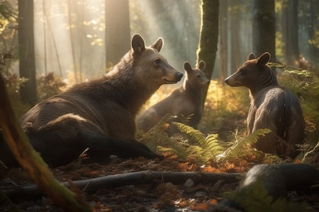 Wild animals in the forest on a sunny day, Ai generativeの素材