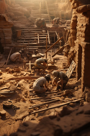 Archaeologist working in field, with special tools, archaeological excavations, AI Generative.の素材