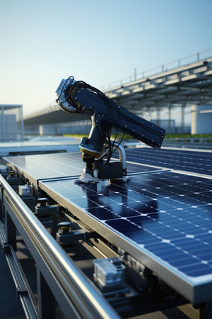 Automated solar production manufacturing, Industrial robot arm at production line solar panel, AI Generationの素材