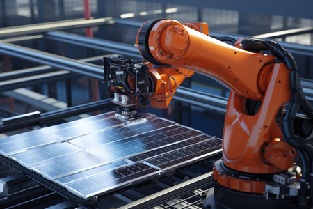 Automated solar production manufacturing, Industrial robot arm at production line solar panel, AI Generationの素材