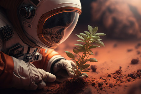 Astronaut found a plant on Mars, futuristic fantasy image, colonization of Mars red planet, new life, grows a plant AI Generativeの素材