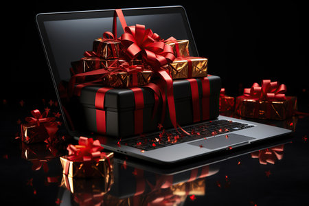 Laptop with gift boxes, online shoping concept, black friday sale, boxing day with festival background, shopaholic concept, gift-giving.の素材