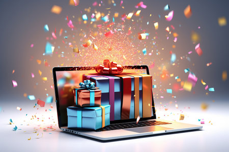 Laptop with gift boxes, online shoping concept, black friday sale, boxing day with festival background, shopaholic concept, gift-giving.の素材