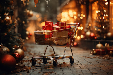 Shopping cart with christmas gifts inside with festival outdoor background, shopping sales shopaholic concept, gift-giving, boxing day. AI Generativeの素材
