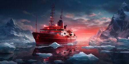 Banner of Expeditions in the Antarctic, Big cruise ship in the Antarctic waters, AI Generative.の素材