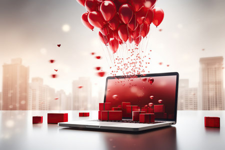Laptop with gift boxes, online shoping concept, black friday sale, boxing day with festival background, shopaholic concept, gift-giving.の素材