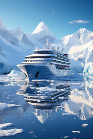Expeditions in the Antarctic, Big cruise ship in the Antarctic waters, AI Generative.の素材